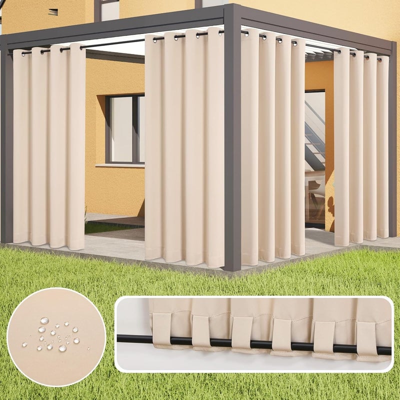 Flyfun Outdoor Curtains for Patio Waterproof - Weatherproof Porch & Gazebo Curtains, Grommet Top and Tab Bottom Drape,4 Panel, 52" W x 84" L, Beige - Image 2